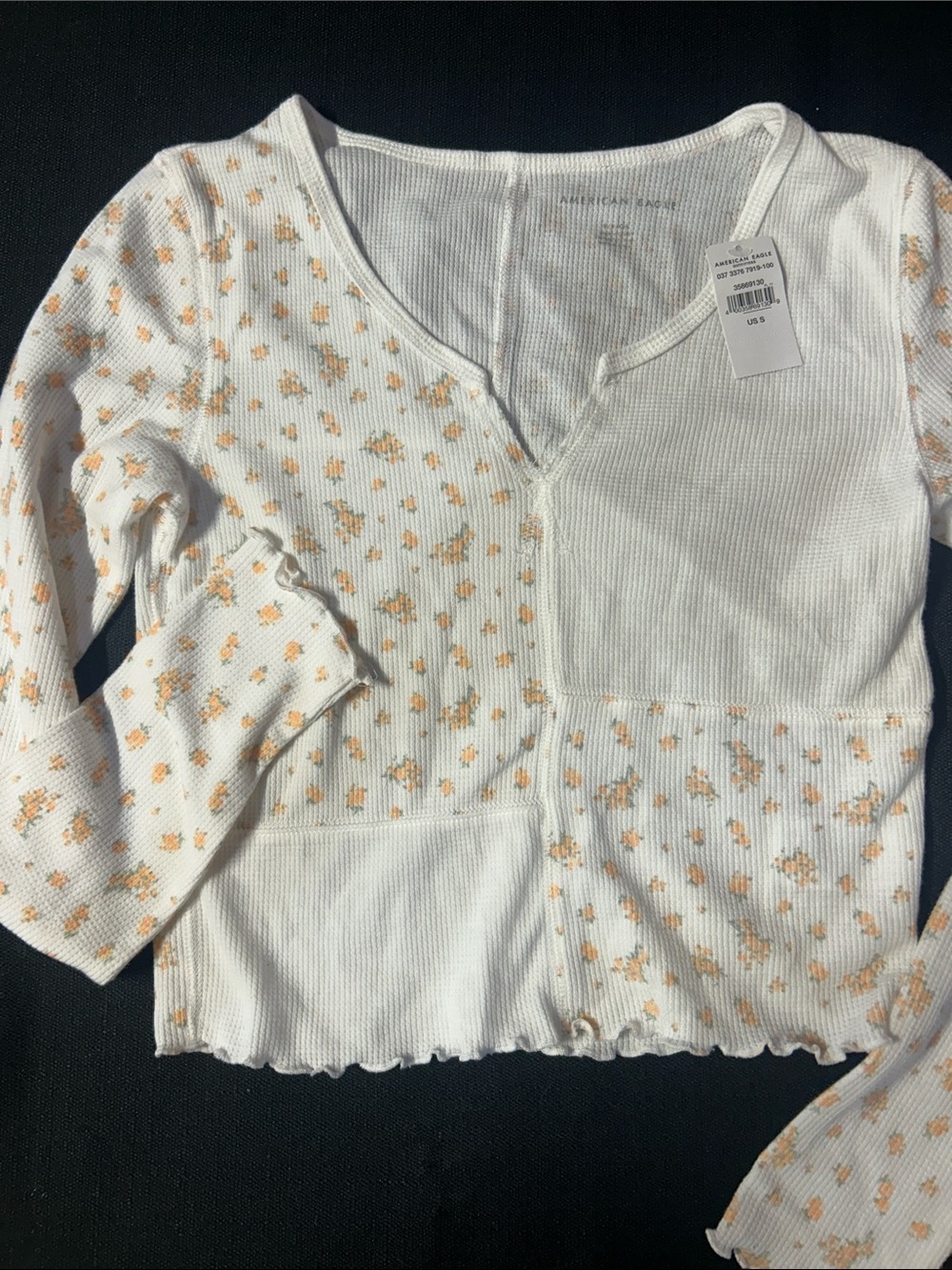 American Eagle Outfitters Cream & Peach Floral Patchwork Long-Sleeve Tee